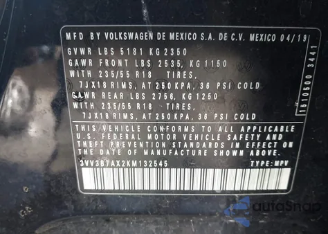 2019 Volkswagen Tiguan z USA, uszkodzony, nr VIN 3VV3B7AX2KM132545